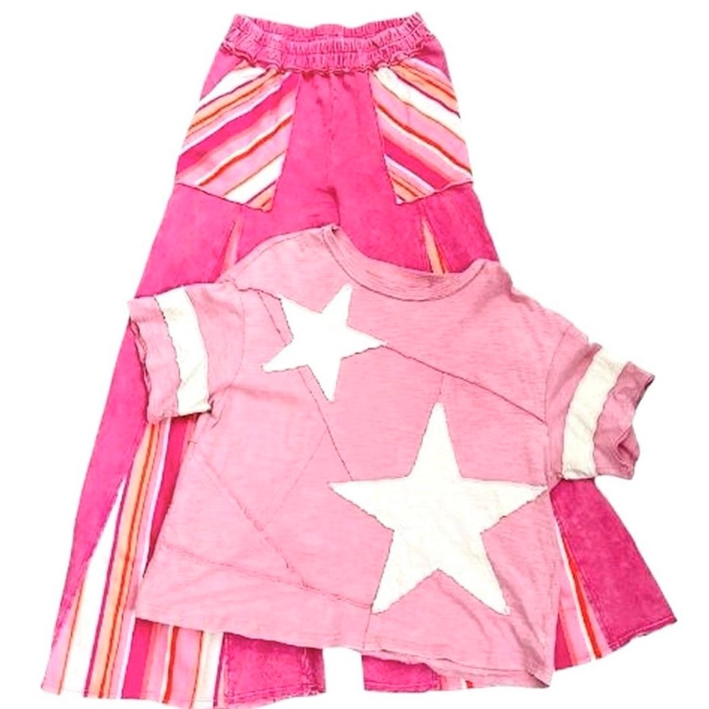 J.her pink mineral washed wide leg striped pants & oversized star patch top
